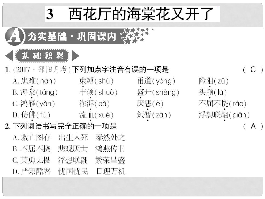 广西桂林市九年级语文上册 第一单元 3 西花厅的海棠花又开了习题课件 语文版_第1页