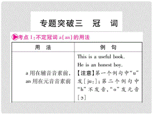 中考英語(yǔ) 第二篇 中考專題突破 第一部分 語(yǔ)法專題突破三 冠詞課件 人教新目標(biāo)版1