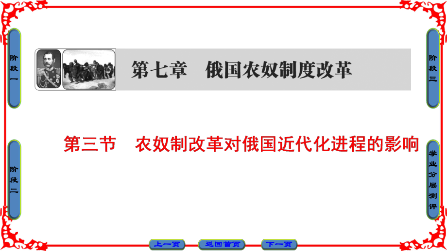 高中歷史 第七章 俄國(guó)農(nóng)奴制度改革 3 農(nóng)奴制改革對(duì)俄國(guó)近代化進(jìn)程的影響課件 北師大版選修1_第1頁(yè)