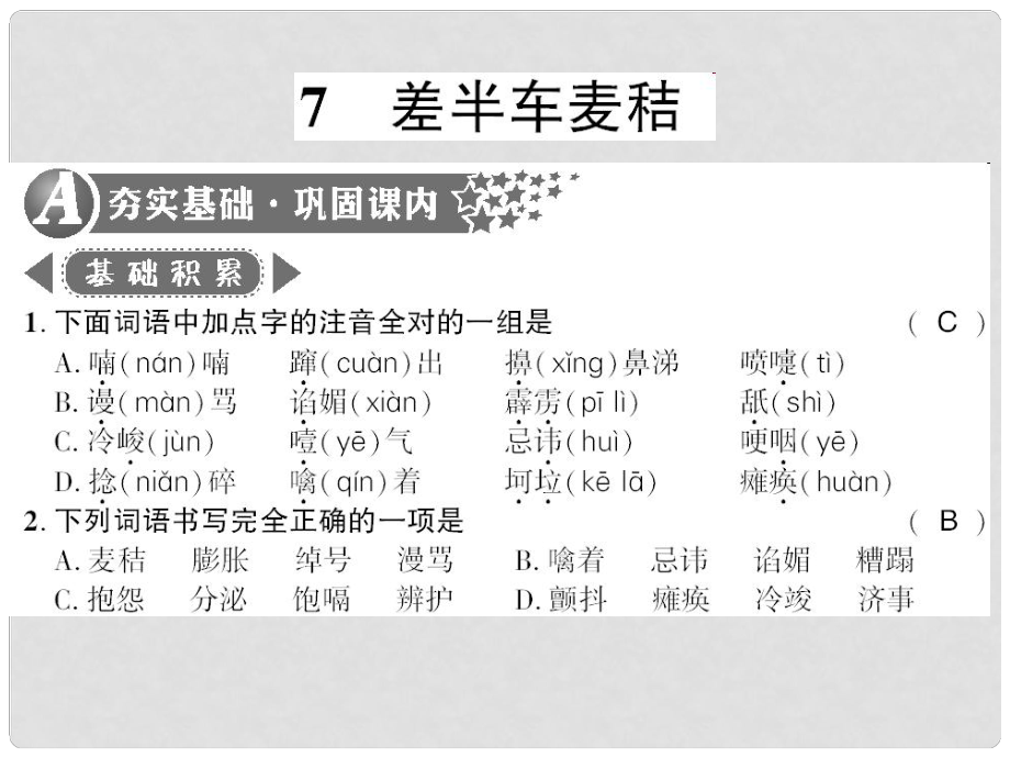 广西桂林市九年级语文上册 第二单元 7 差半车麦秸习题课件 语文版_第1页