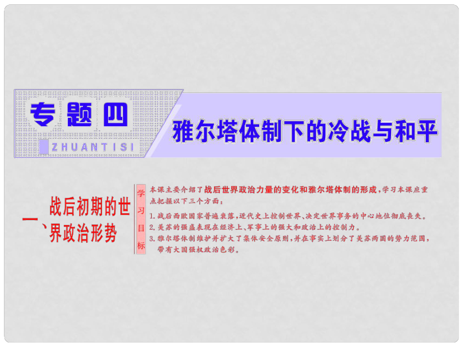 高中歷史 專題四 雅爾塔體制下的冷戰(zhàn)與和平 一 戰(zhàn)后初期的世界政治形勢(shì)課件 人民版選修3_第1頁