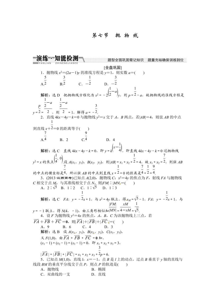 高考數(shù)學(xué)復(fù)習(xí)：第八章 ：第七節(jié)拋物線演練知能檢測(cè)_第1頁