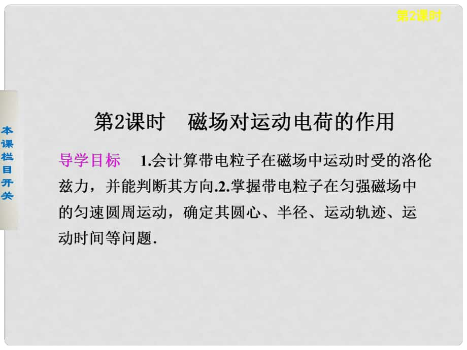 高考物理大一輪復(fù)習(xí) 第九章第2課時(shí) 磁場(chǎng)對(duì)運(yùn)動(dòng)電荷的作用課件_第1頁(yè)