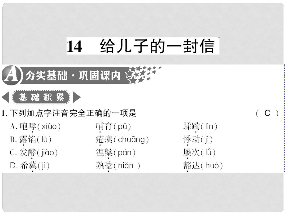 廣西桂林市九年級(jí)語(yǔ)文上冊(cè) 第四單元 14 給兒子的一封信習(xí)題課件 語(yǔ)文版_第1頁(yè)