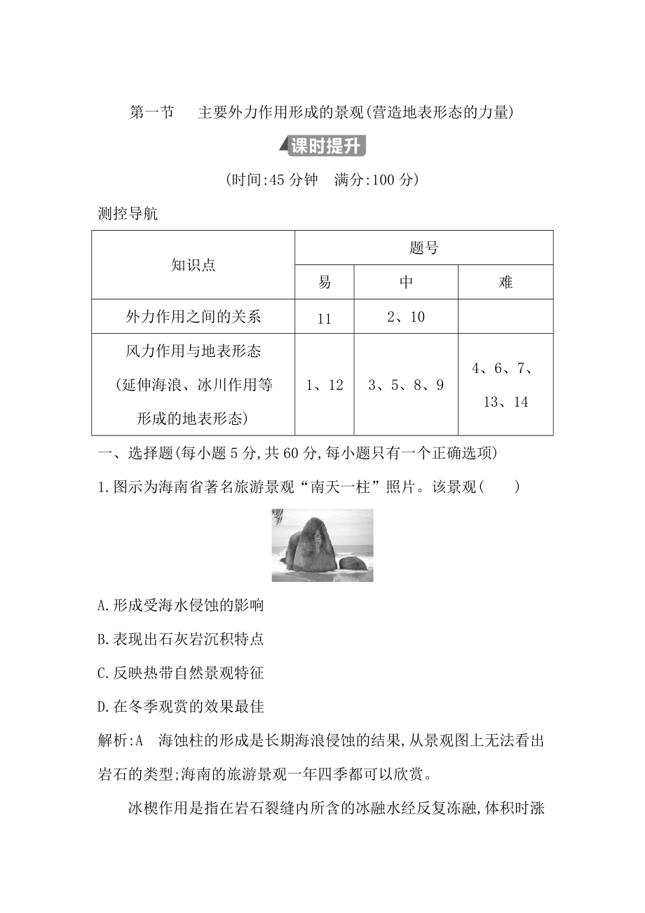 高中地理必修1魯教版山東專用試題：第四章 第一節(jié)　主要外力作用形成的景觀營(yíng)造地表形態(tài)的力量 Word版含答案_第1頁(yè)