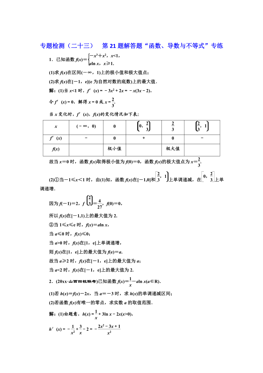 高考理科數(shù)學(xué) 通用版三維二輪專題復(fù)習(xí)專題檢測(cè)：二十三 第21題解答題“函數(shù)、導(dǎo)數(shù)與不等式”專練 Word版含解析_第1頁(yè)