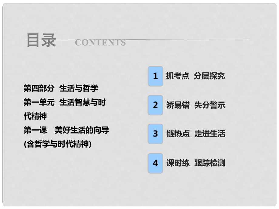 高考政治一輪復習 第四部分 第一單元 生活智慧與時代精神 第一課 美好生活的向導（含哲學與時代精神）課件_第1頁