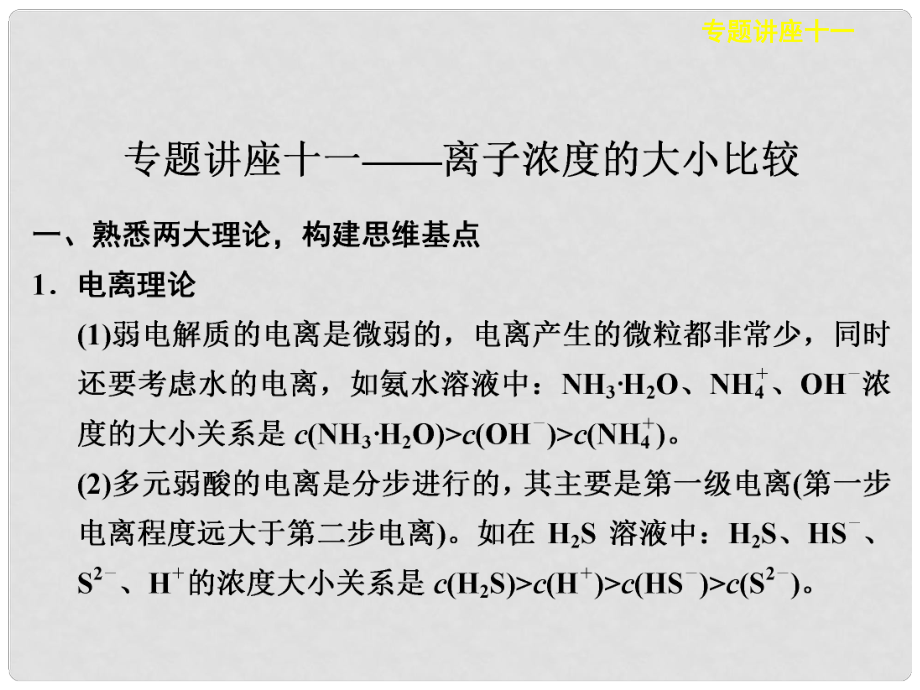 高考化學(xué)大一輪復(fù)習(xí)展示 專題講座11 離子濃度的大小比較課件_第1頁