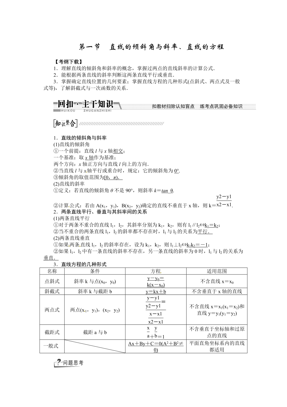 高考數(shù)學(xué)復(fù)習(xí)：第八章 ：第一節(jié)直線的傾斜角與斜率、直線的方程回扣主干知識提升學(xué)科素養(yǎng)_第1頁