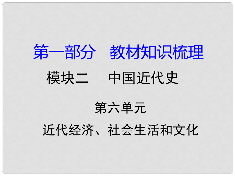 湖南省中考?xì)v史 教材知識(shí)梳理 模塊二 中國(guó)近代史 第六單元 近代經(jīng)濟(jì)、社會(huì)生活和文化課件 岳麓版_第1頁(yè)