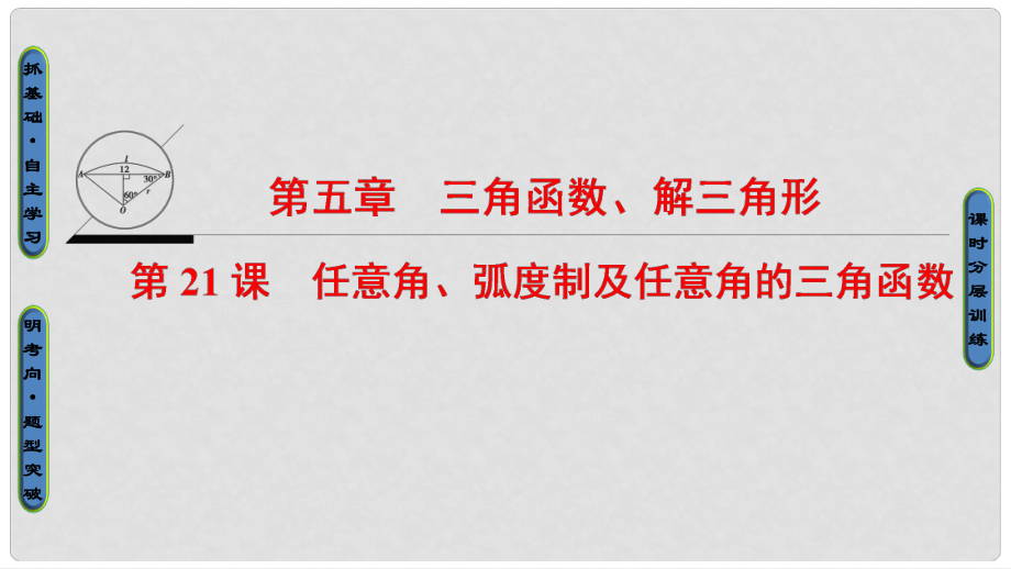 高考数学一轮复习 第五章 三角函数、解三角形 第21课 任意角、弧度制及任意角的三角函数课件_第1页