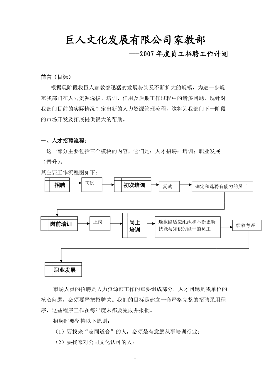 文化发展有限公司家教部员工招聘工作计划_第1页