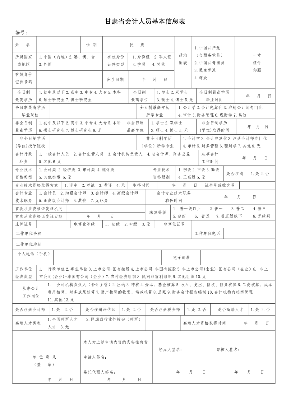 甘肃省会计人员基本信息表_第1页