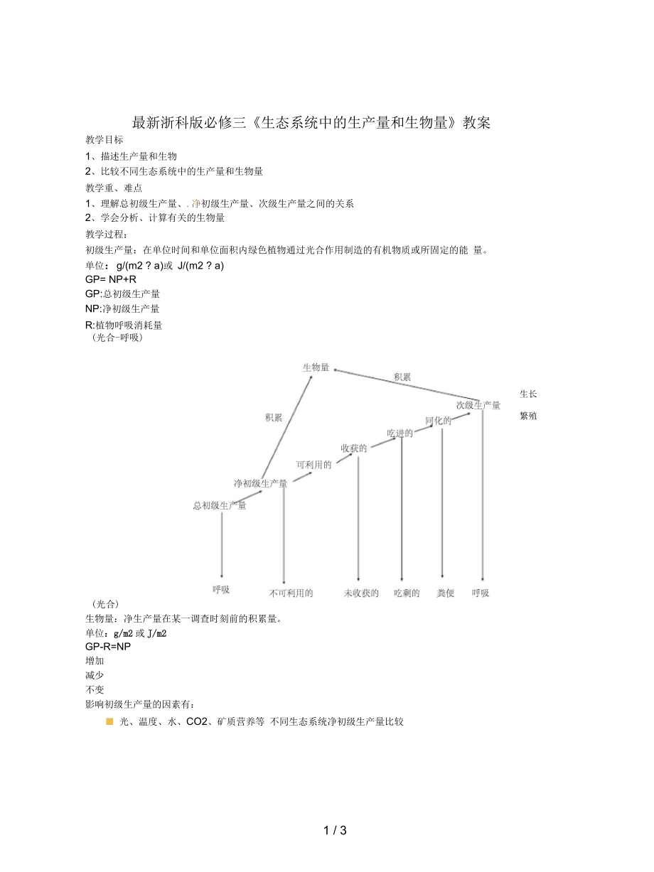 浙科版必修三《生態(tài)系統(tǒng)中的生產(chǎn)量和生物量》教案_第1頁(yè)