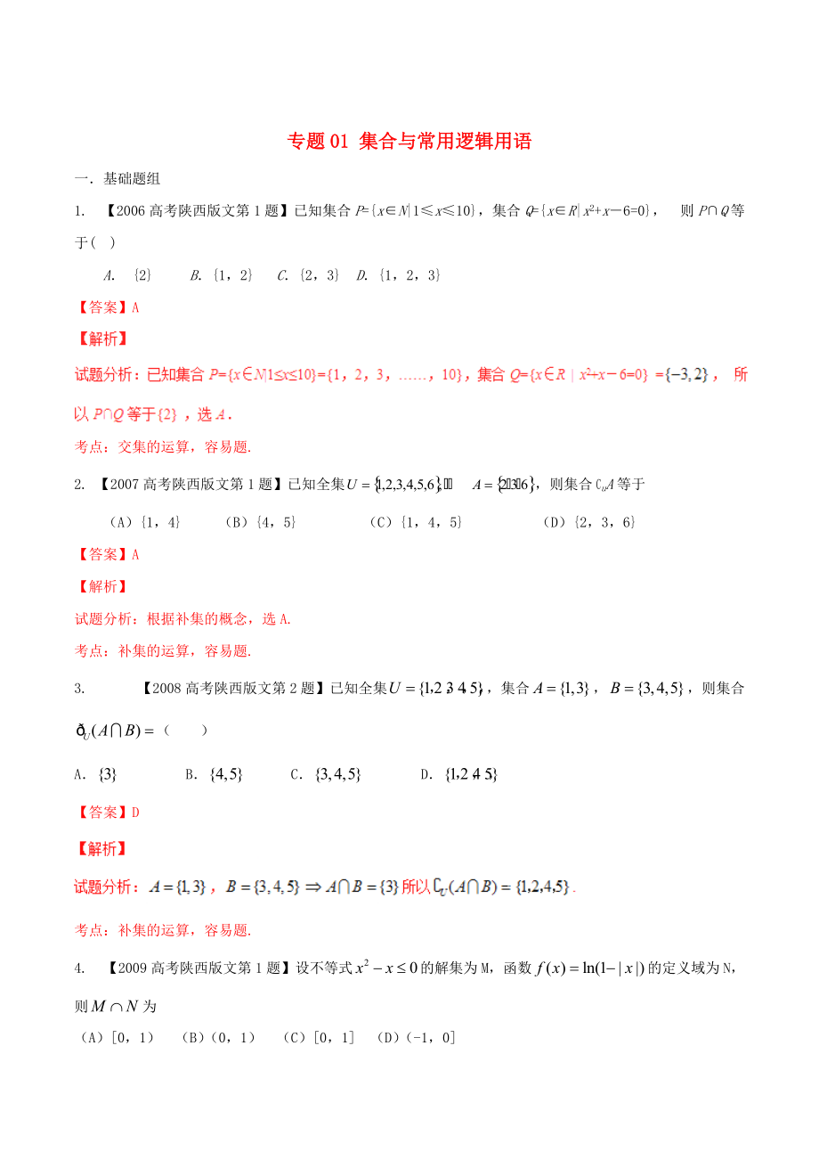 陜西版高考數(shù)學(xué) 分項(xiàng)匯編 專題01 集合與常用邏輯用語含解析文_第1頁