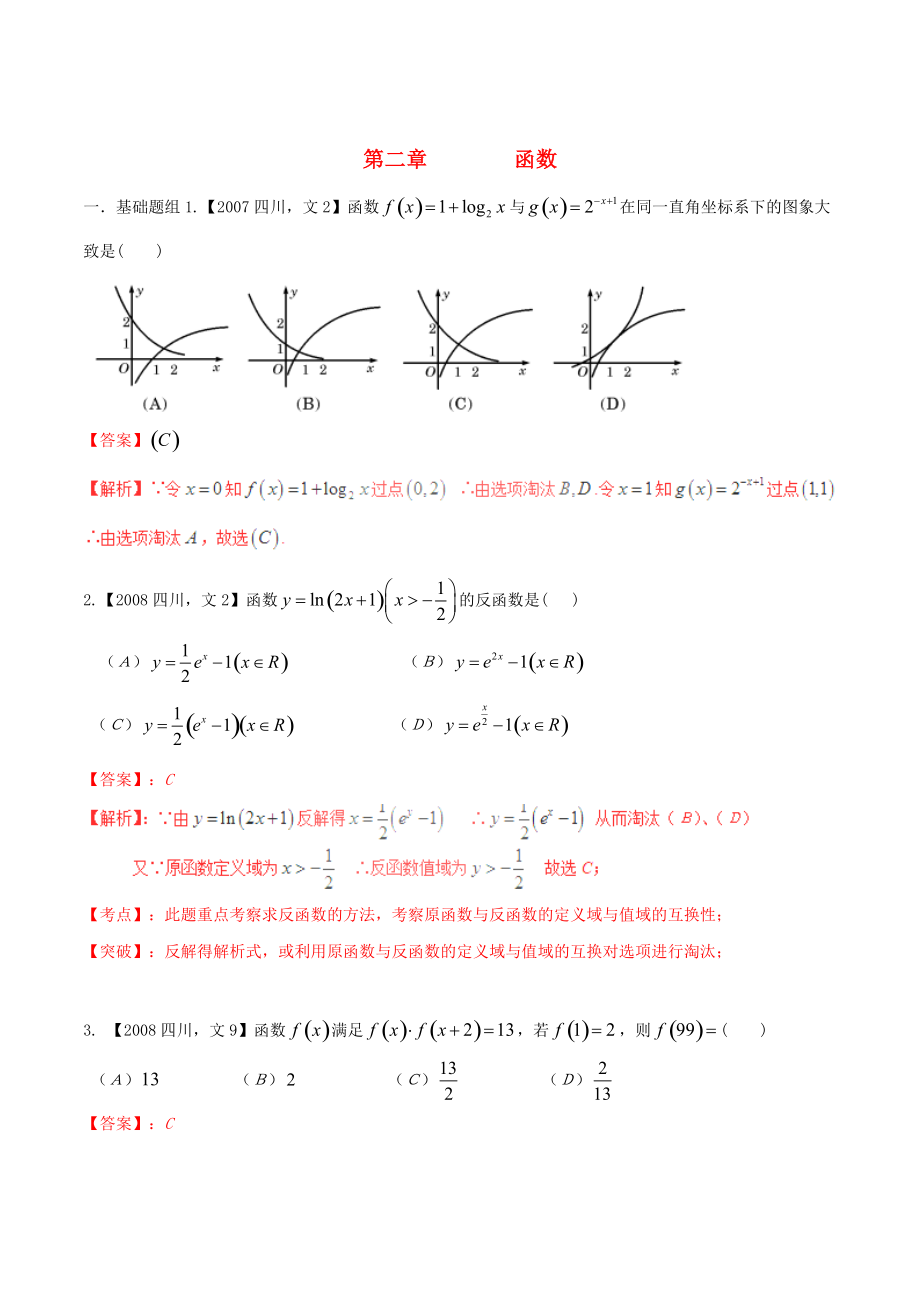 四川版高考數(shù)學(xué) 分項(xiàng)匯編 專(zhuān)題2 函數(shù)含解析文_第1頁(yè)