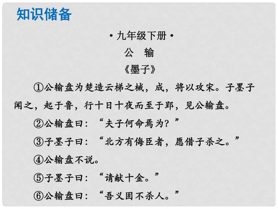 中考語文總復(fù)習(xí) 中考解讀 閱讀理解 第一章 文言文閱讀 第一節(jié) 課內(nèi)文言文閱讀 九下 公輸課件_第1頁