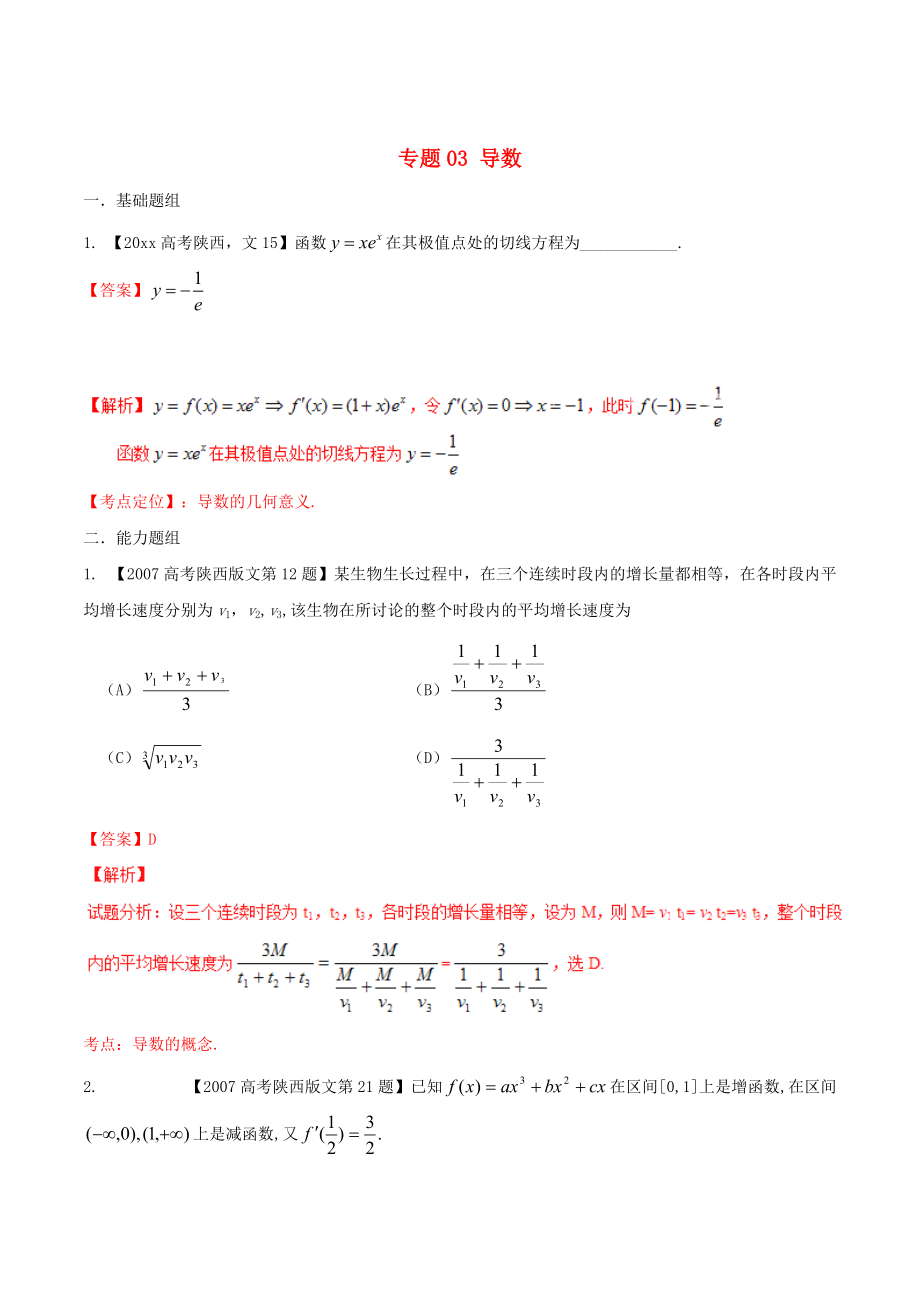 陜西版高考數(shù)學(xué) 分項匯編 專題03 導(dǎo)數(shù)含解析文_第1頁