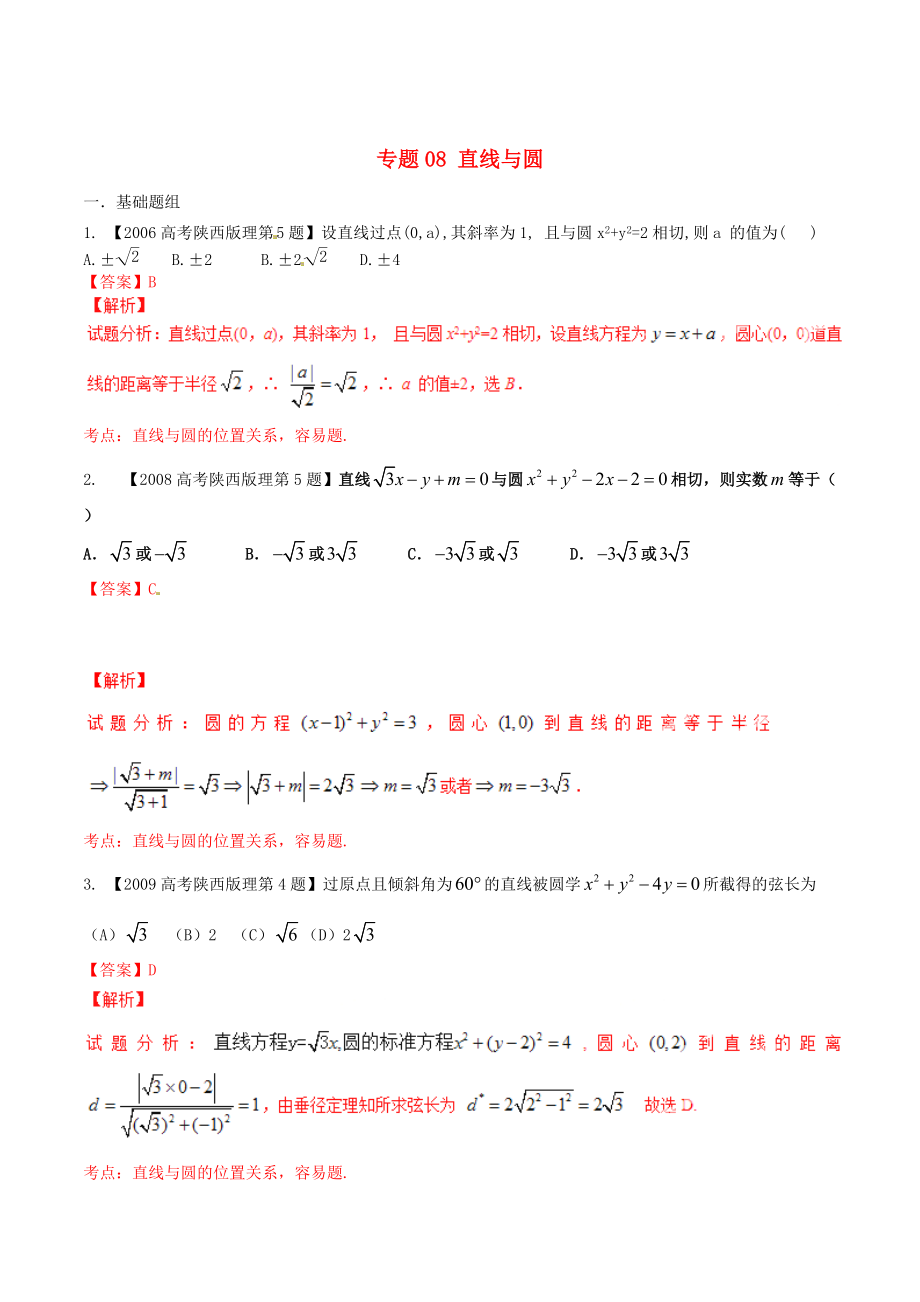 陜西版高考數(shù)學(xué) 分項匯編 專題08 直線與圓含解析理科_第1頁