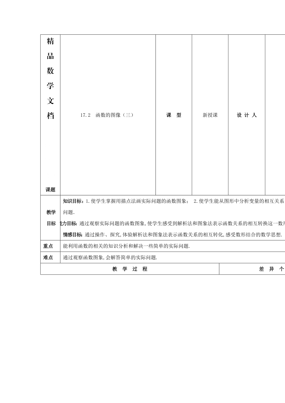 最新 吉林省长市第104中学华师大版八年级数学下册17.2 函数的图像三教案_第1页