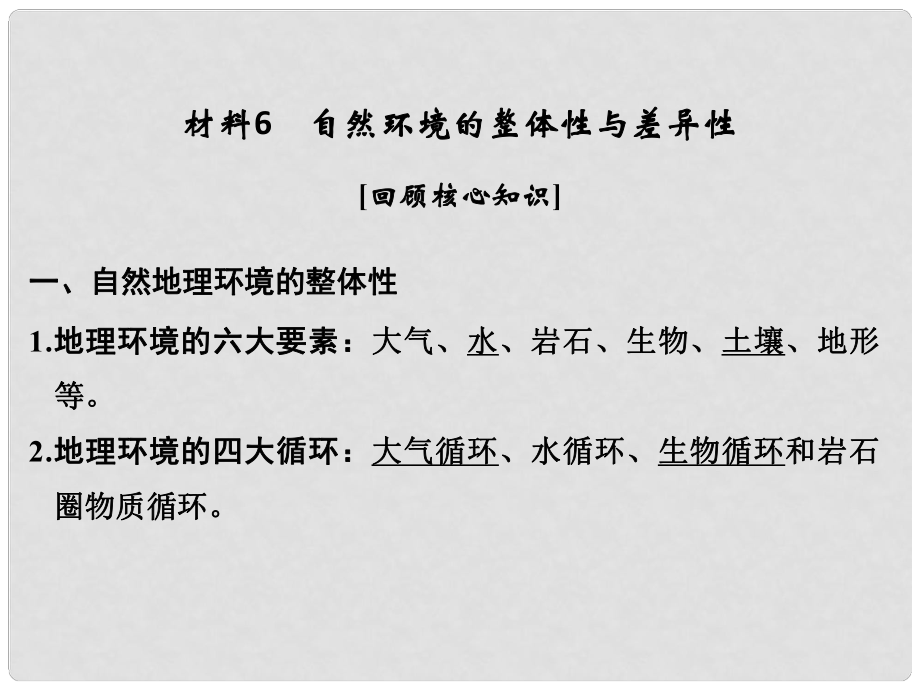 高考地理二輪復(fù)習(xí) 第四部分 考前靜悟材料 材料6 自然環(huán)境的整體性與差異性課件_第1頁