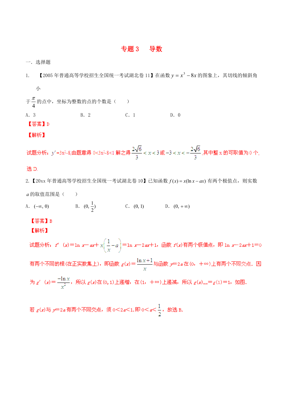 湖北版高考數(shù)學(xué) 分項匯編 專題03 導(dǎo)數(shù)含解析_第1頁