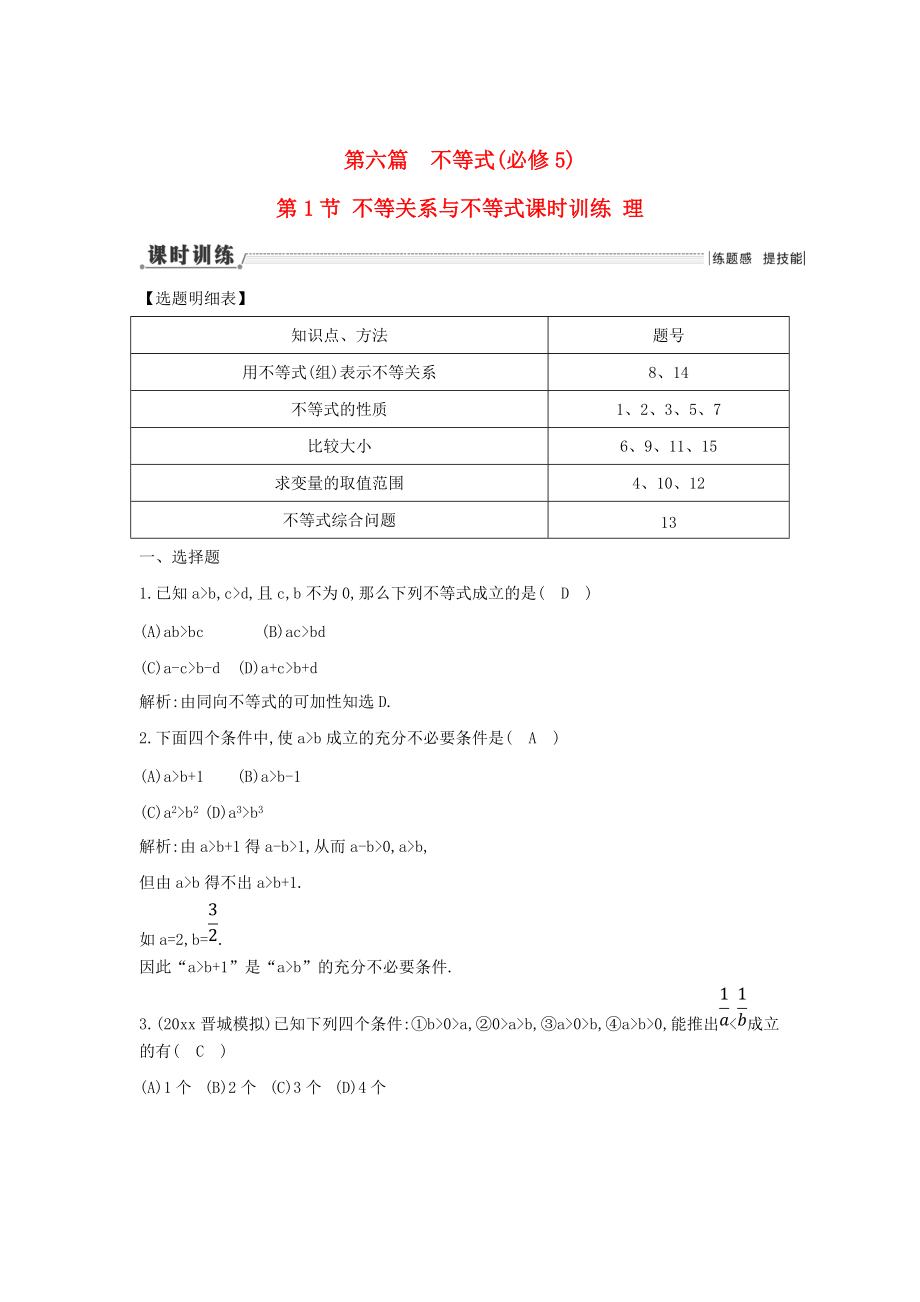 新課標(biāo)高三數(shù)學(xué) 一輪復(fù)習(xí) 第6篇 第1節(jié) 不等關(guān)系與不等式課時(shí)訓(xùn)練 理_第1頁