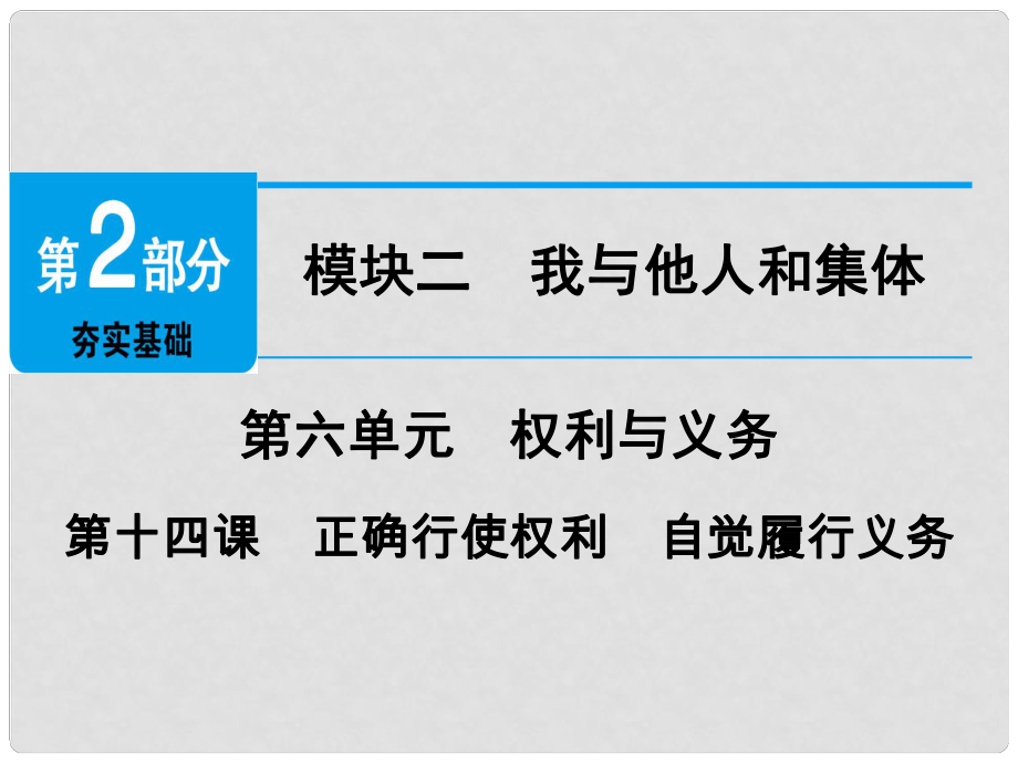 廣東省中考政治 第2部分 夯實(shí)基礎(chǔ) 模塊二 我與他人和集體 第六單元 權(quán)利與義務(wù) 第14課 正確行使權(quán)利 自覺(jué)履行義務(wù)精講課件_第1頁(yè)