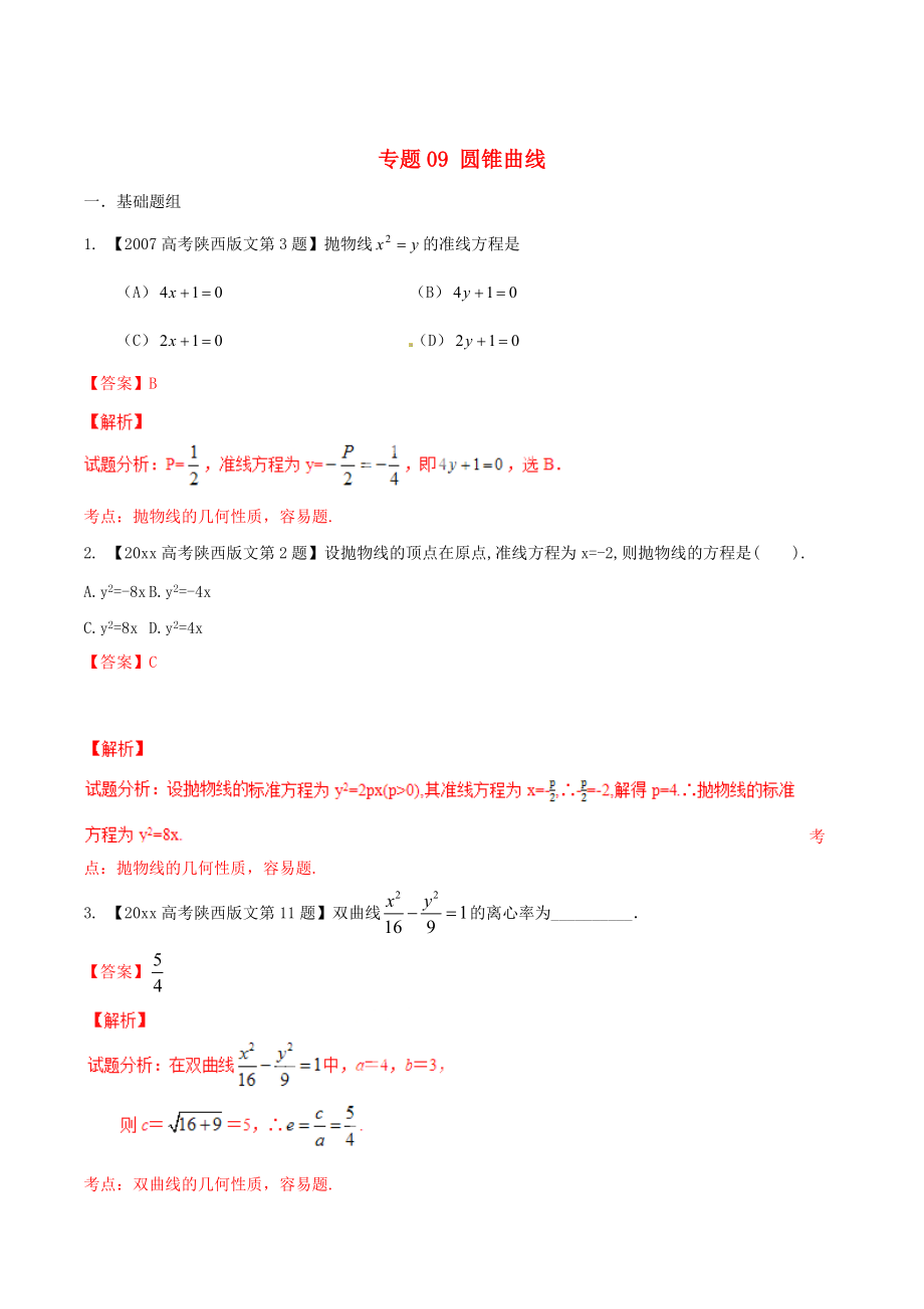 陜西版高考數(shù)學(xué) 分項匯編 專題09 圓錐曲線含解析文_第1頁