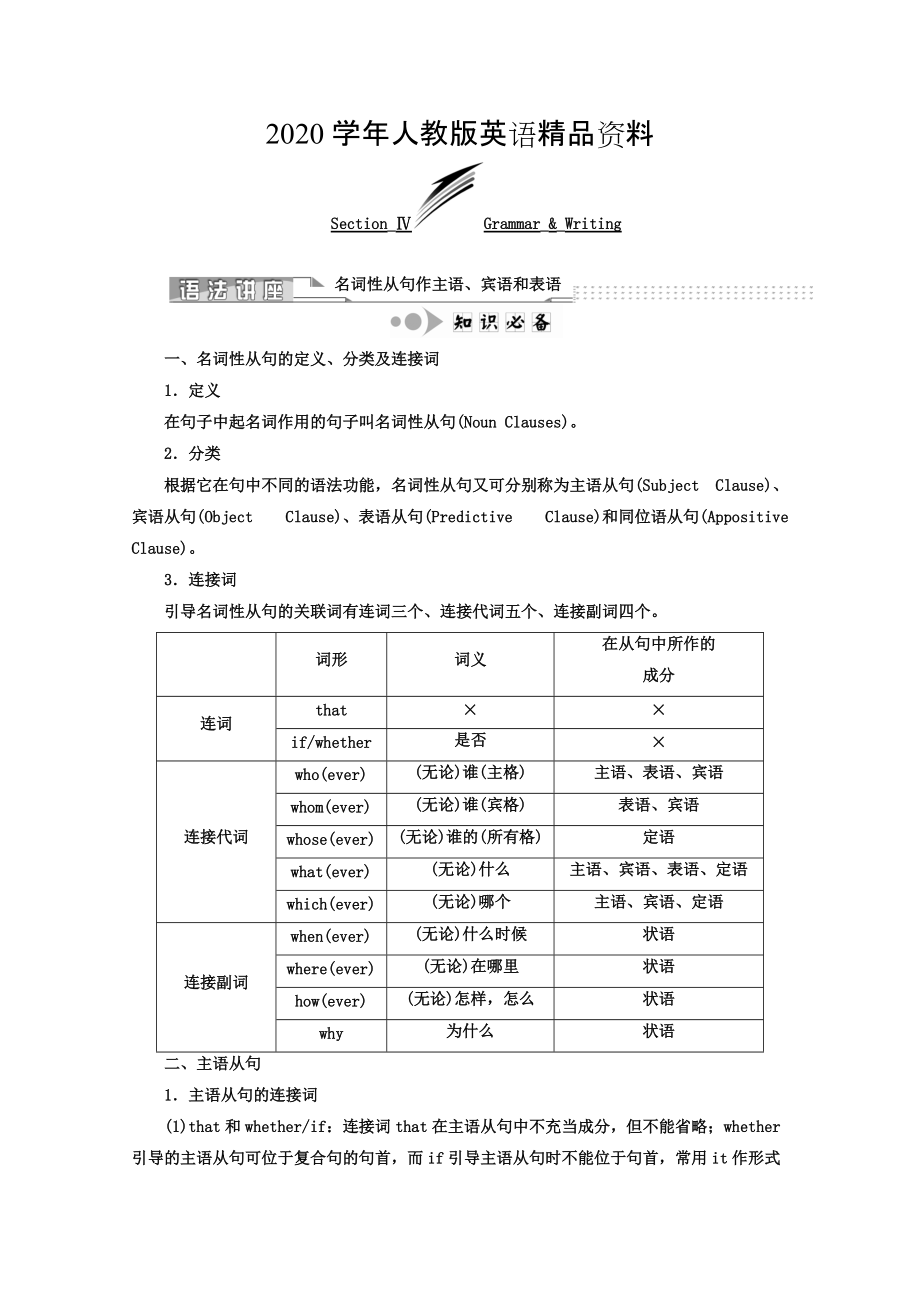 2020高中英語(yǔ)人教版 選修8教師用書(shū)：Unit 1 SectionⅣ GrammarWriting Word版含答案_第1頁(yè)