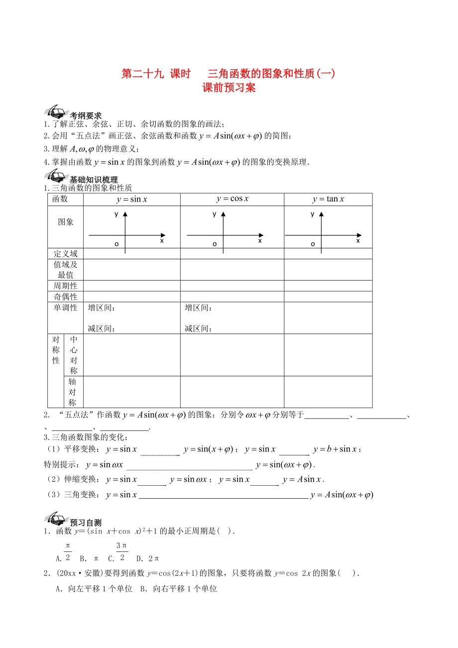 新課標高三數(shù)學 一輪復習 第3篇 三角函數(shù)的圖象和性質一學案 理_第1頁