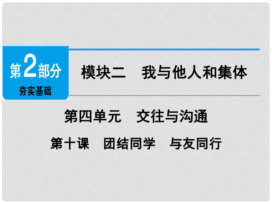 廣東省中考政治 第2部分 夯實(shí)基礎(chǔ) 模塊二 我與他人和集體 第四單元 交往與溝通 第10課 團(tuán)結(jié)同學(xué) 與友同行精講課件_第1頁(yè)