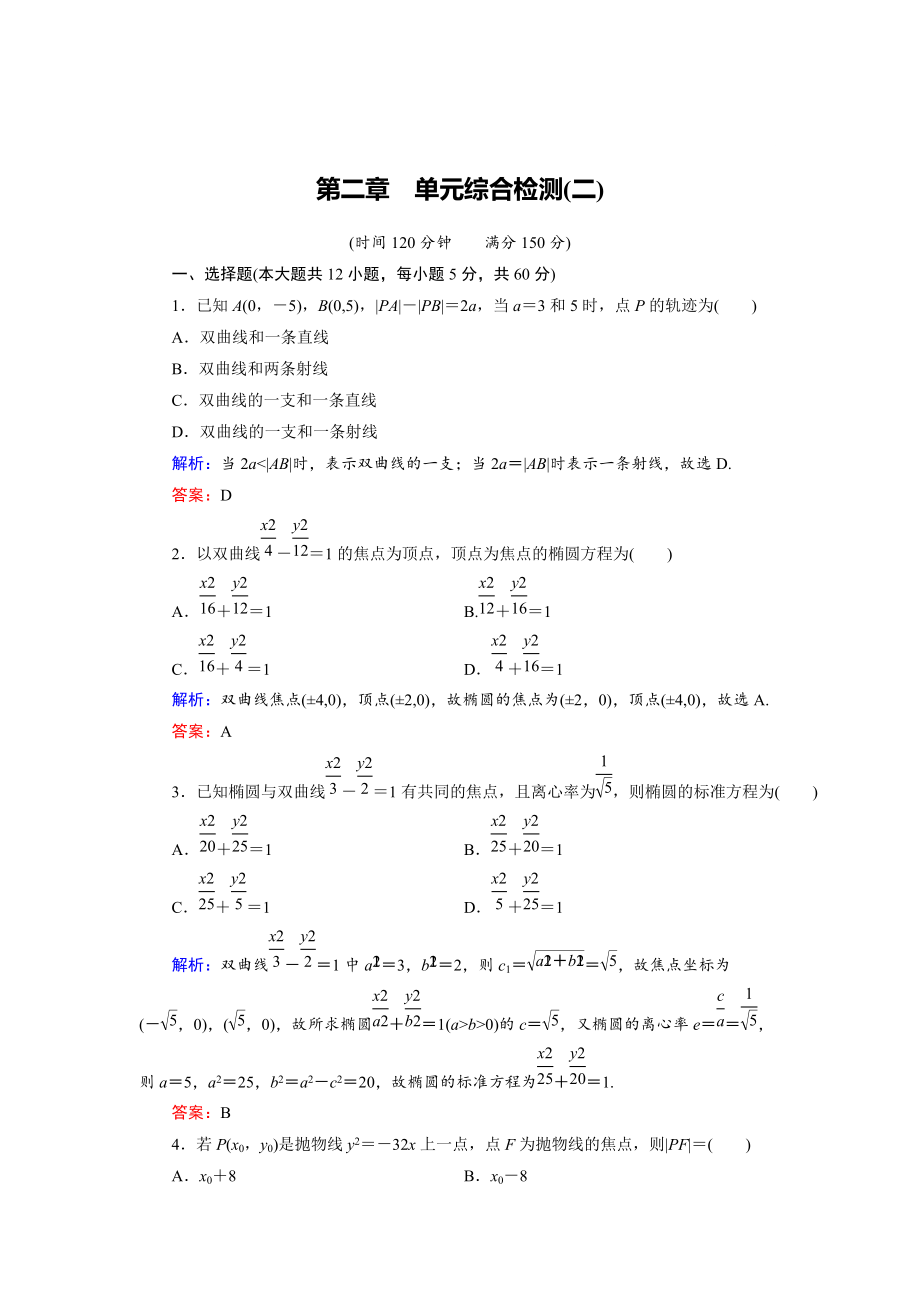 精校版高中數(shù)學(xué)人教B版選修11 第2章 單元綜合檢測2 Word版含解析_第1頁