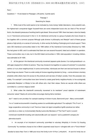 國(guó)家開(kāi)放大學(xué)電大專(zhuān)科《英語(yǔ)閱讀(3)》2020-2021期末試題及答案(試卷號(hào)：2157)
