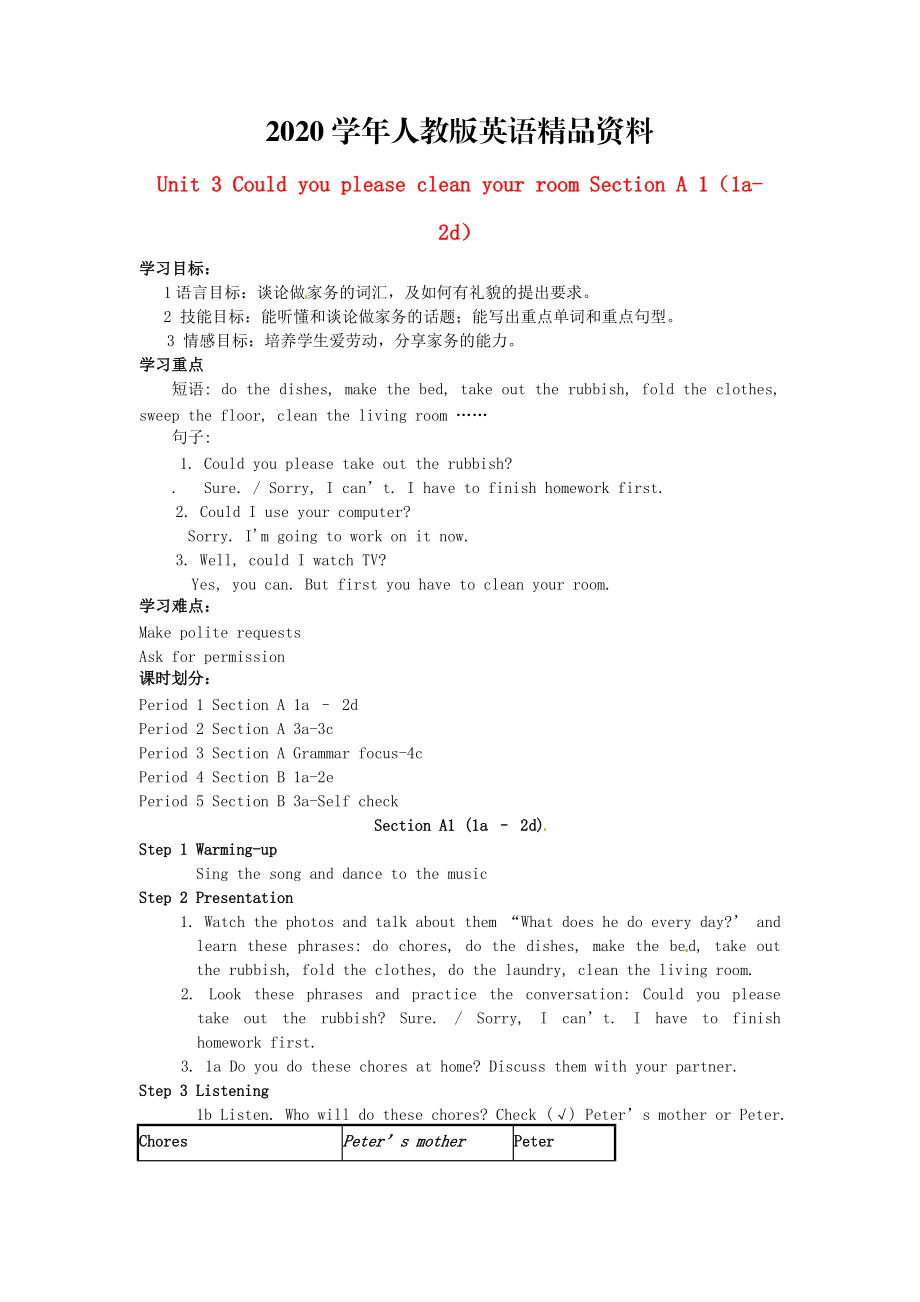 2020【人教版新目標(biāo)】八年級英語下冊Unit 3 Could you please clean your room Section A 11a2d_第1頁