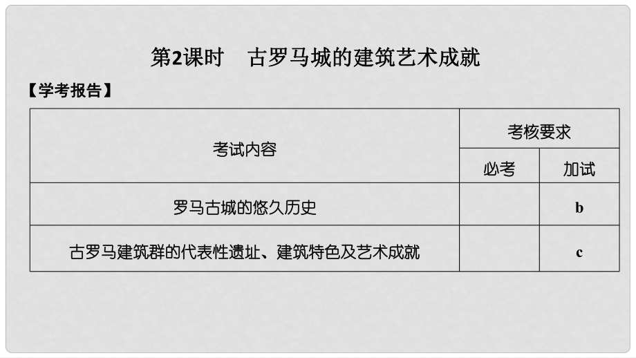 高中歷史 第3章 古代希臘、羅馬的歷史遺跡 第2課時(shí) 古羅馬城的建筑藝術(shù)成就課件 新人教版選修6_第1頁