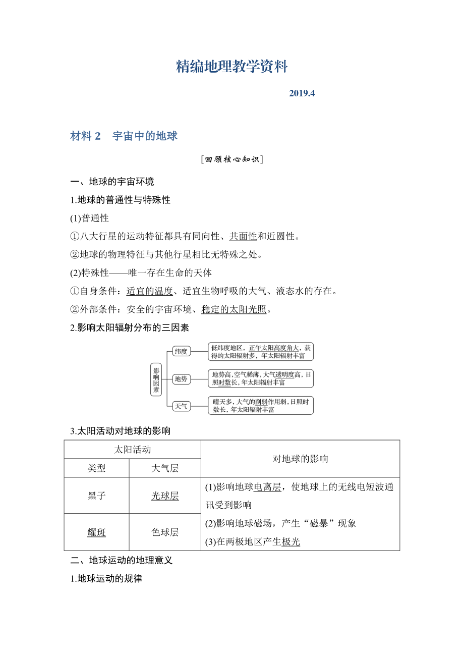 精編地理創(chuàng)新設(shè)計二輪專題復習全國通用文檔：第四部分 考前靜悟材料 材料2 Word版含答案_第1頁