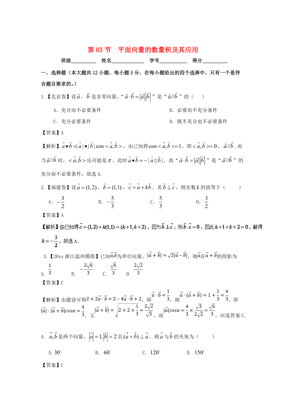 浙江版高考數(shù)學 一輪復習(講練測)： 專題5.3 平面向量的數(shù)量積及其應用測_第1頁