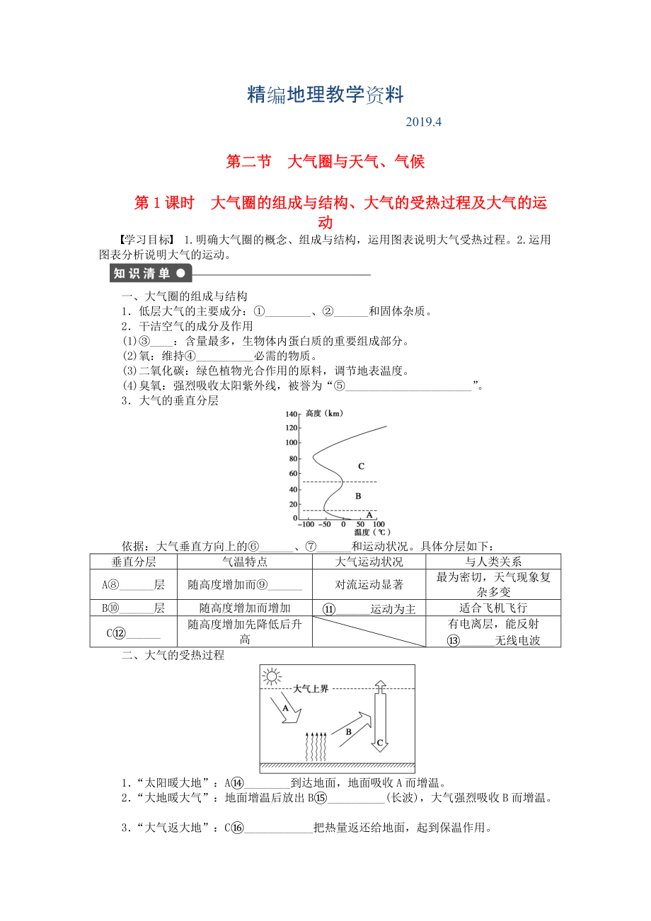 精編高中地理 第二單元 第2節(jié) 第1課時(shí) 大氣圈的組成與結(jié)構(gòu)、大氣的受熱過程及大氣的運(yùn)動(dòng)課時(shí)作業(yè) 魯教版必修1_第1頁