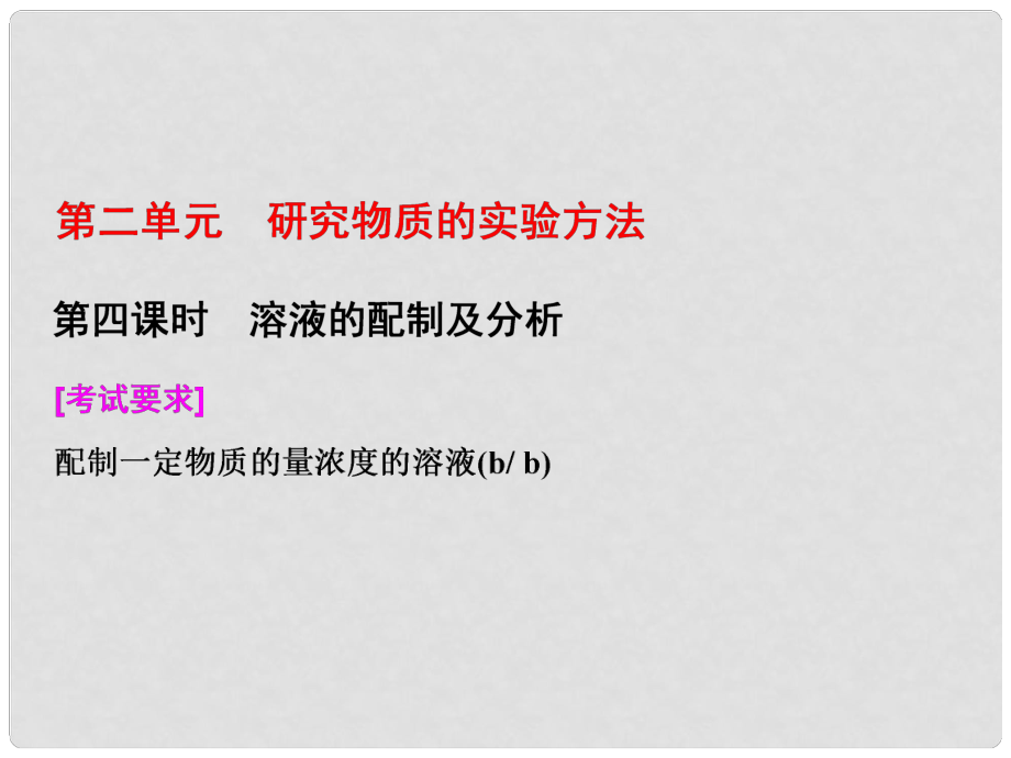 高中化學 專題1 化學家眼中的物質世界 第二單元 第四課時 溶液的配制及分析課件 蘇教版必修1_第1頁