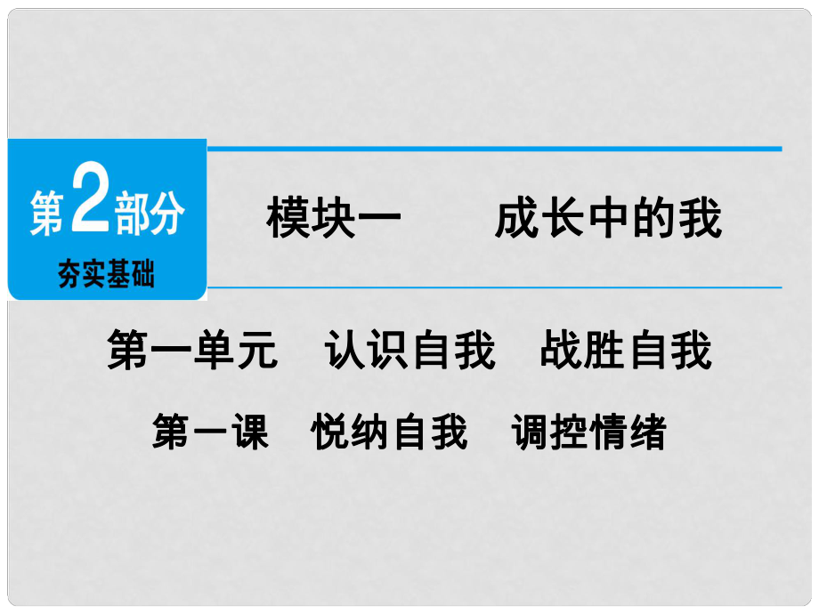 廣東省中考政治 第2部分 夯實(shí)基礎(chǔ) 模塊一 成長中的我 第一單元 認(rèn)識(shí)自我 戰(zhàn)勝自我 第1課 悅納自我 調(diào)控情緒精講課件_第1頁