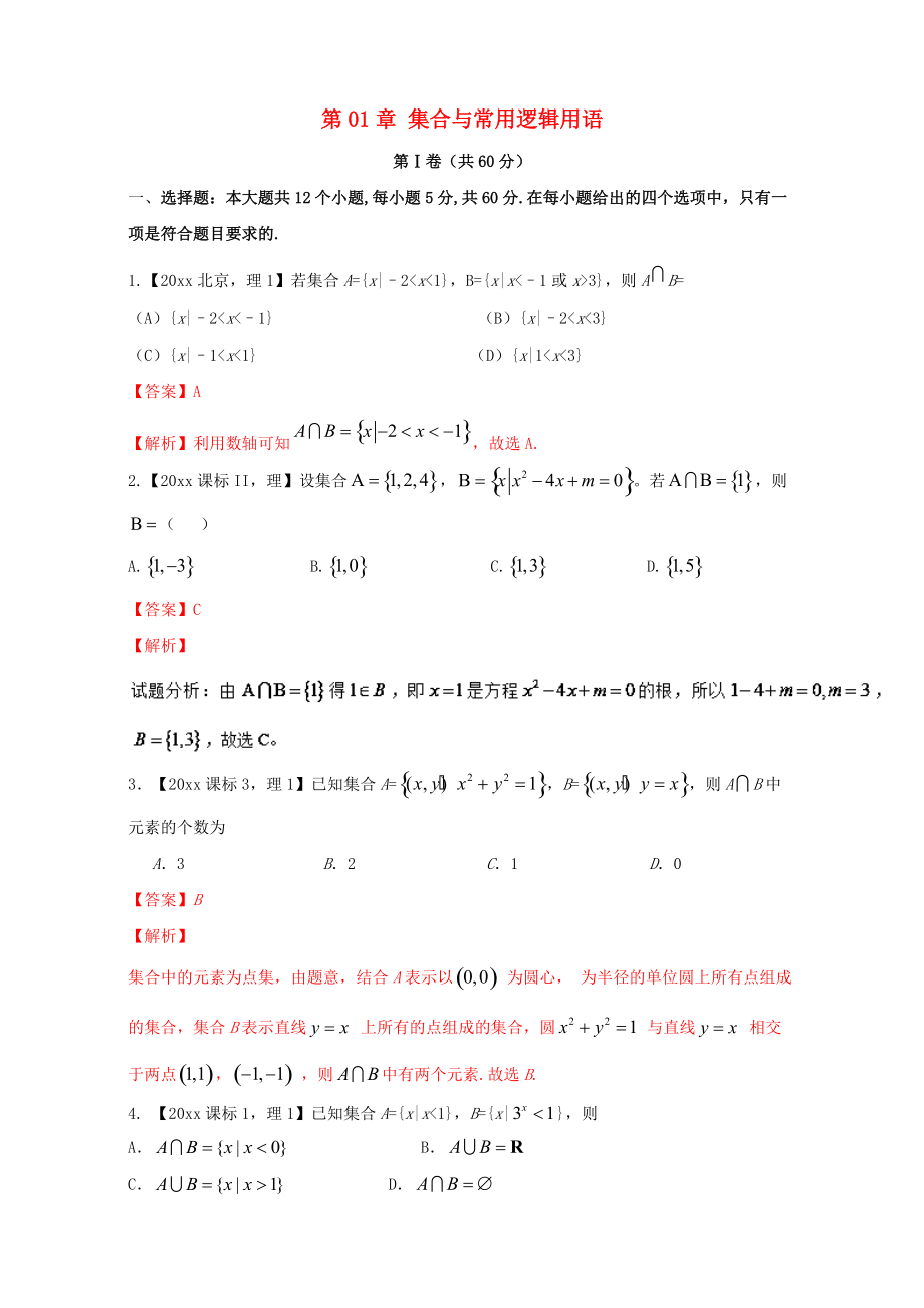 浙江版高考数学 一轮复习(讲练测)： 第01章 集合与常用逻辑用语测试题_第1页