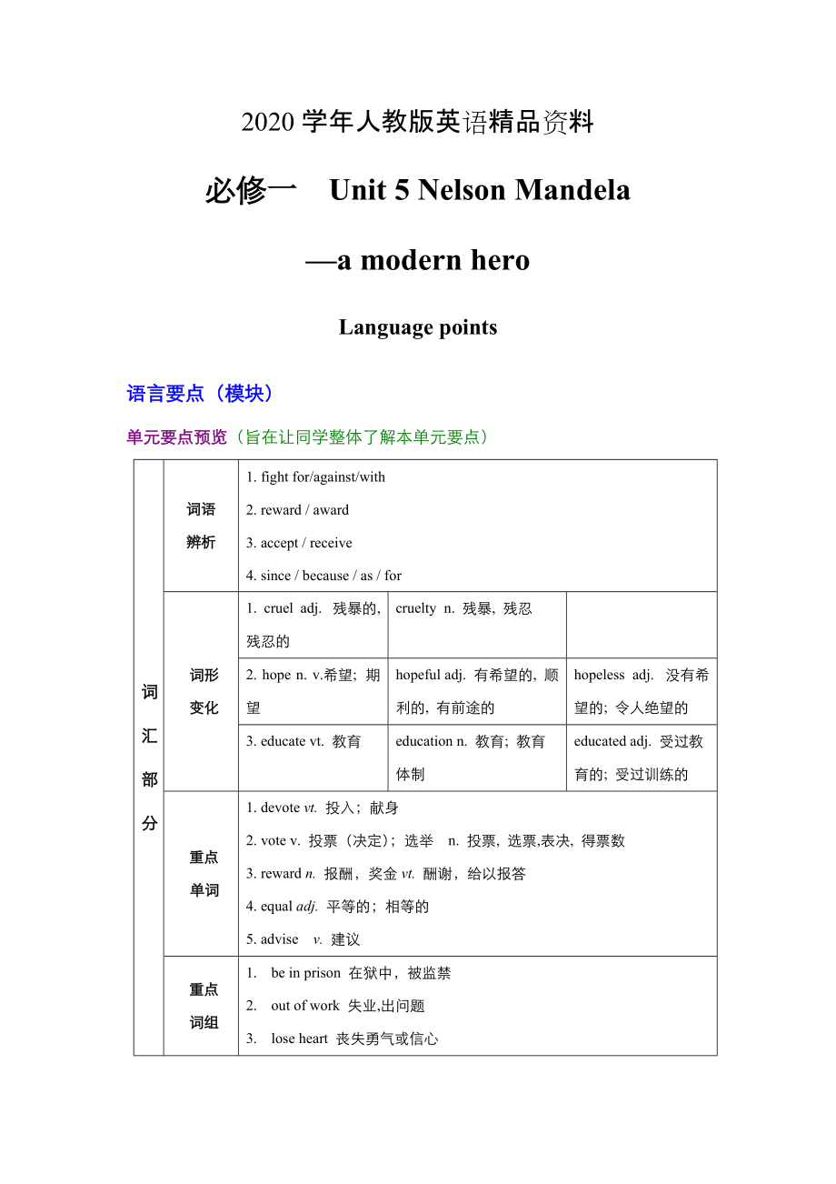 2020高中英語人教版必修1教案： unit 5 Nelson Mandelaa modern hero Language points 教案 系列五 Word版_第1頁