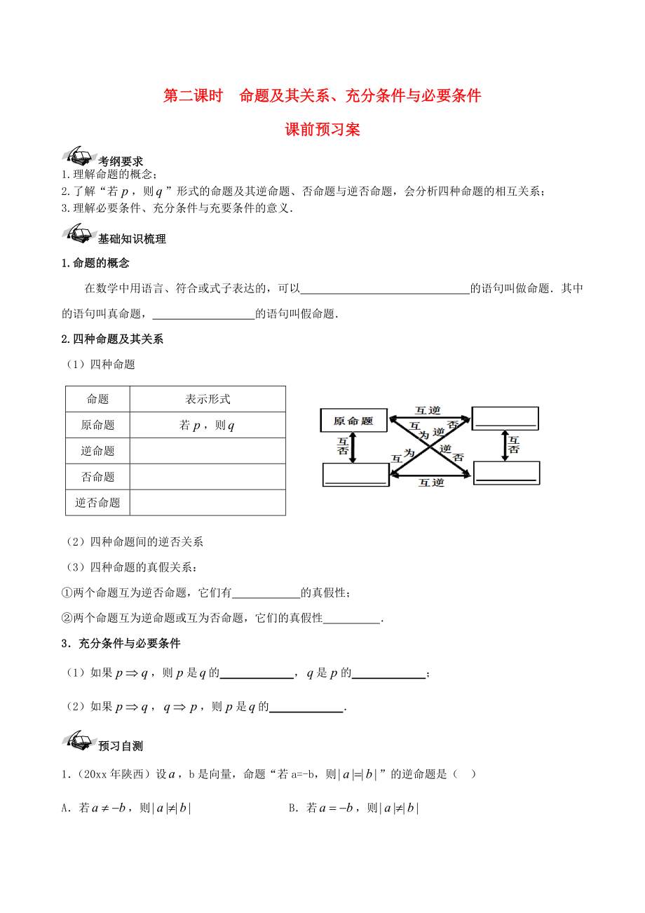 新课标高三数学 一轮复习 第1篇 命题及其关系、充分条件与必要条件学案 理_第1页