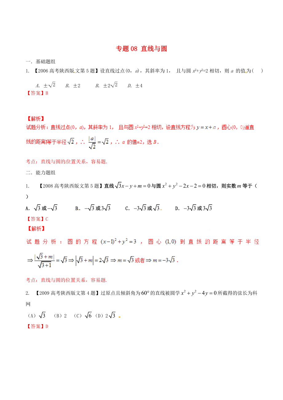 陜西版高考數(shù)學(xué) 分項匯編 專題08 直線與圓含解析文_第1頁