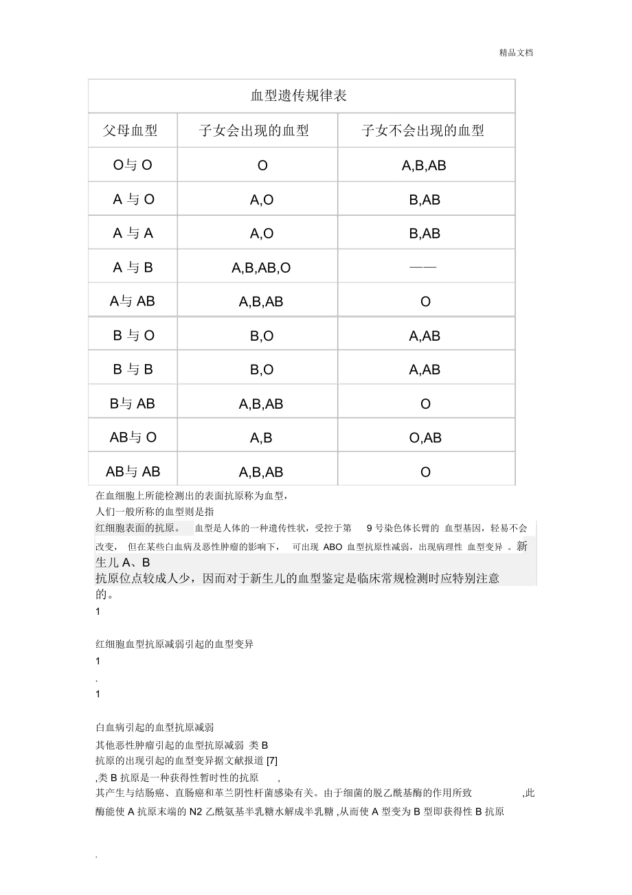 血型遗传规律表