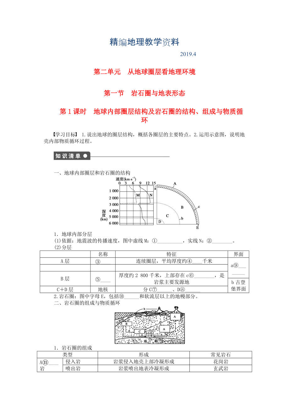 精编高中地理 第二单元 第1节 第1课时 地球内部圈层结构及岩石圈的结构、组成与物质循环课时作业 鲁教版必修1_第1页