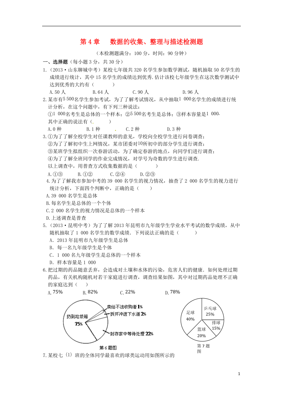 【中學教材全解】七年級數(shù)學上冊 第4章《數(shù)據(jù)的收集、整理與描述》綜合檢測題 青島版_第1頁