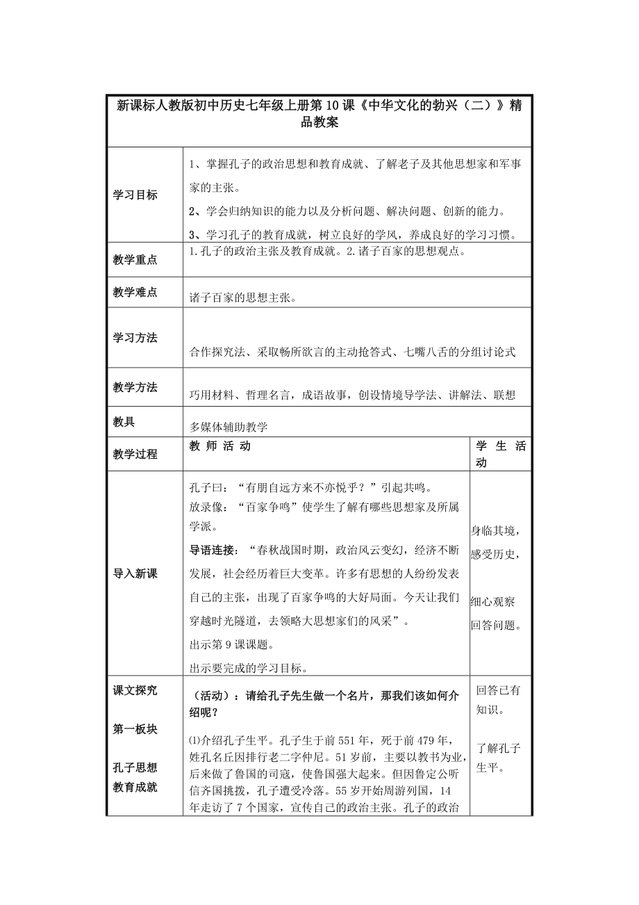 新课标人教版初中历史七年级上册第10课《中华文化的勃兴（二）》精品教案_第1页