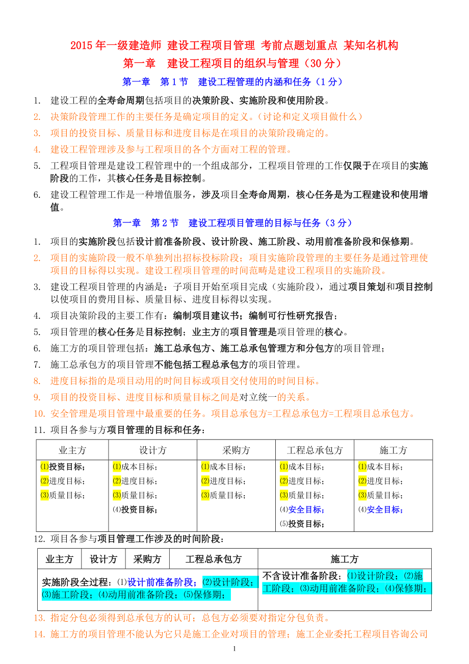 一级建造师 建设工程项目管理 考前点题划重点 某知名机构_第1页